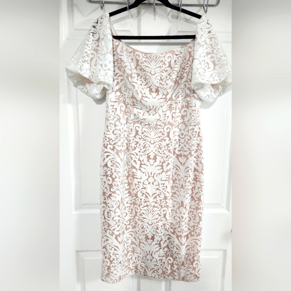 XSCAPE IVORY AND TAN Off-Shoulder Dress